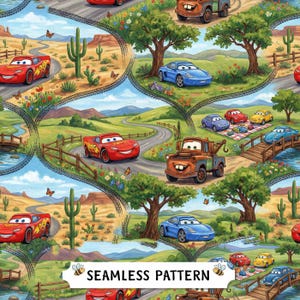 May include: A seamless fabric pattern featuring characters from the movie Cars, including Lightning McQueen, Mater, and Sally, set against a landscape of desert roads, green hills, trees, cacti, and wooden fences, with tire tracks framing the scenes.