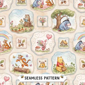 Papel digital Patchwork Winnie JPG / Oso y tigre en acuarela pastel, 100% sin costuras