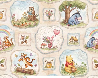 Patchwork Winnie Digital Paper JPG | Pastel Watercolor Bear, Tiger, 100% Seamless