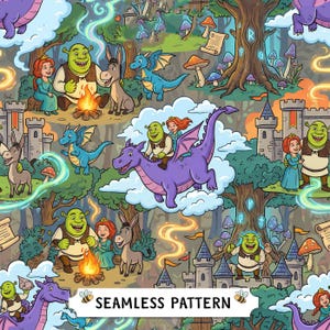 May include: A seamless pattern featuring a green ogre, a woman with red hair, a gray donkey, and a purple dragon in a forest setting with castles, mushrooms, and glowing runes. The text SEAMLESS PATTERN is centered at the bottom.
