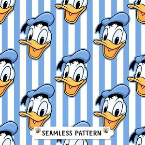 Op de afbeelding: Een naadloos patroon met het stripfiguur Donald Duck met een wit gezicht, gele snavel en blauwe matrozenmuts, herhaald tegen een achtergrond van verticale lichtblauwe en witte strepen. De tekst SEAMLESS PATTERN staat in het midden.