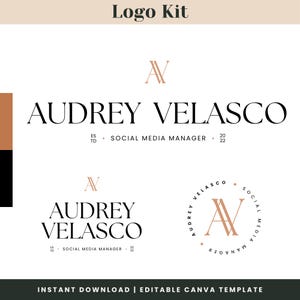 Op de afbeelding: Een logo-kit ontwerp met de tekst "Logo Kit" bovenaan. Het ontwerp bevat de naam "Audrey Velasco" in een schreefletter, met variaties van de initialen "AV". De tekst "Social Media Manager" is ook opgenomen.