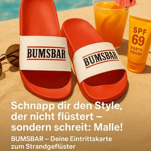 May include: A pair of red and white BUMSBAR slides with the brand name printed on the white strap. The image also shows a glass of orange juice with a cocktail umbrella and a tube of SPF 69 sunscreen.