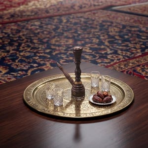 May include: A large, round, engraved brass tray holds a dark brown wooden incense burner, three clear glass cups with a diamond-cut pattern, and a small silver-toned plate containing several brown dried dates arranged on a dark wooden table.