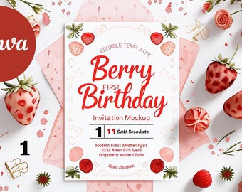 Berry First Birthday Invitation Card, Strawberry Theme (Digital Download)
