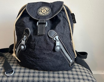 EUC Kipling Backpack Women Small Black Vintage 90s Crinkled Nylon Chunky Metal