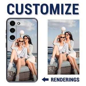 May include: A customisable smartphone case featuring a printed photograph of two individuals sitting on the hood of a car. The image shows the phone case on the left and the original photograph on the right, with the text CUSTOMIZE and RENDERINGS.