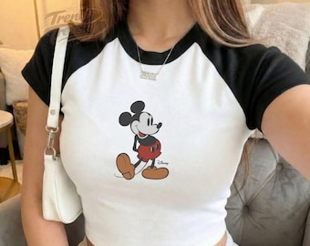 Retro Mickey Mouse Raglan Crop Top, Y2k Minnie Mouse Baby Tee
