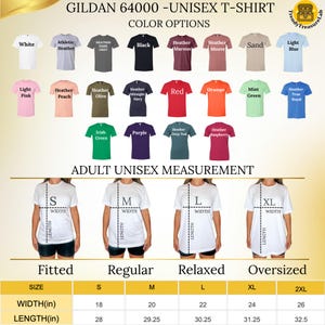 May include: A product image showcasing a variety of Gildan 64000 unisex t-shirts in various colors, including white, black, and red. The image also displays size and measurement information for fitted, regular, relaxed, and oversized fits, with width and length measurements in inches.