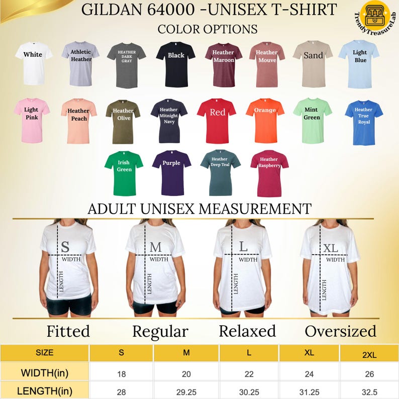 May include: A product image showcasing a variety of Gildan 64000 unisex t-shirts in various colors, including white, black, and red. The image also displays size and measurement information for fitted, regular, relaxed, and oversized fits, with width and length measurements in inches.
