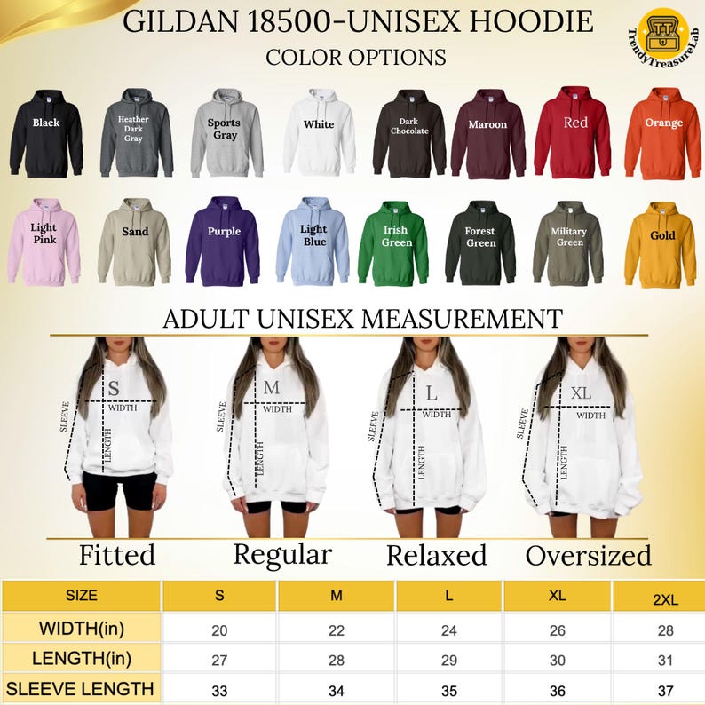 May include: Image showcasing a Gildan 18500 unisex hoodie in various colors, including black, white, and red. The image also displays size charts for fitted, regular, relaxed, and oversized fits, with measurements in inches for width, length, and sleeve length.
