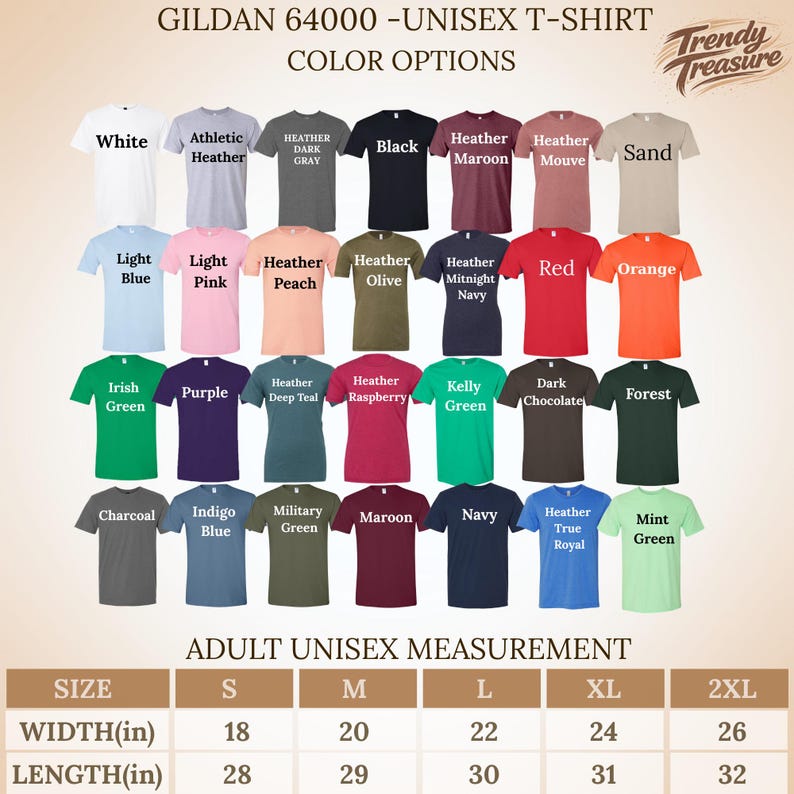 Pode incluir: Uma exibi&ccedil;&atilde;o de camisetas unissex Gildan 64000 em v&aacute;rias cores, incluindo branco, preto e vermelho. A imagem mostra op&ccedil;&otilde;es de cores e medidas unissex para adultos em polegadas. A marca "Trendy Treasure" &eacute; vis&iacute;vel.