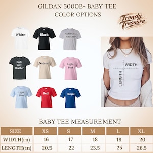 Puede incluir: Imagen de producto que muestra una variedad de opciones de color de camisetas para beb&eacute;s, incluyendo blanco, negro y rojo. La imagen tambi&eacute;n muestra una tabla de tallas con medidas en pulgadas, equivalentes a anchos de 40,6 a 50,8 cm y largos de 52,1 a 67,3 cm, tallas XS a XL.