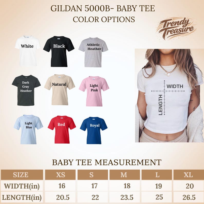 Puede incluir: Imagen de producto que muestra una variedad de opciones de color de camisetas para beb&eacute;s, incluyendo blanco, negro y rojo. La imagen tambi&eacute;n muestra una tabla de tallas con medidas en pulgadas, equivalentes a anchos de 40,6 a 50,8 cm y largos de 52,1 a 67,3 cm, tallas XS a XL.