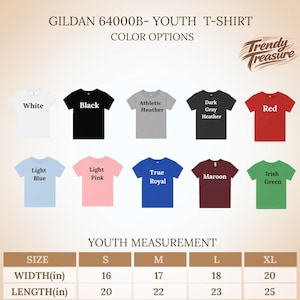 Pode incluir: Imagem de camisetas juvenis em v&aacute;rias cores, incluindo branco, preto e vermelho. A imagem tamb&eacute;m exibe medidas em polegadas, com larguras de 16 a 20 polegadas (40,6 a 50,8 cm) e comprimentos de 20 a 25 polegadas (50,8 a 63,5 cm).