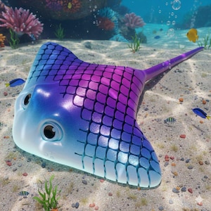 Puede incluir: Una manta raya de estilo caricatura con gradiente de colores azul, morado y blanco. La raya presenta ojos grandes y expresivos y un patrón texturizado en su cuerpo. La imagen está ambientada bajo el agua con arena, coral y peces pequeños.