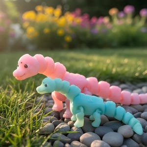 May include: Two colorful toy dinosaurs, one pink and one teal, are posed on a bed of small rocks and grass. The dinosaurs have a segmented body design and are set against a blurred background of green grass and colorful flowers.