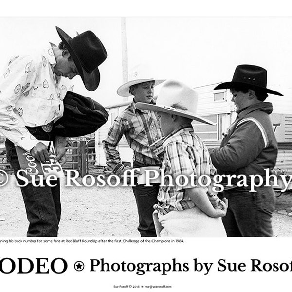 Lane Frost signing his back number for some Red Bluff kids in 1988, after the first Challenge of the Champions, Black and White Photo Poster