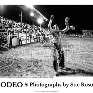Lane Frost, 2-Handed Wave, Final Challenge of the Champions, Spanish Fork, UT, 1988 16&quot; x 20&quot; Black & White Photo Poster Home Man Cave Decor