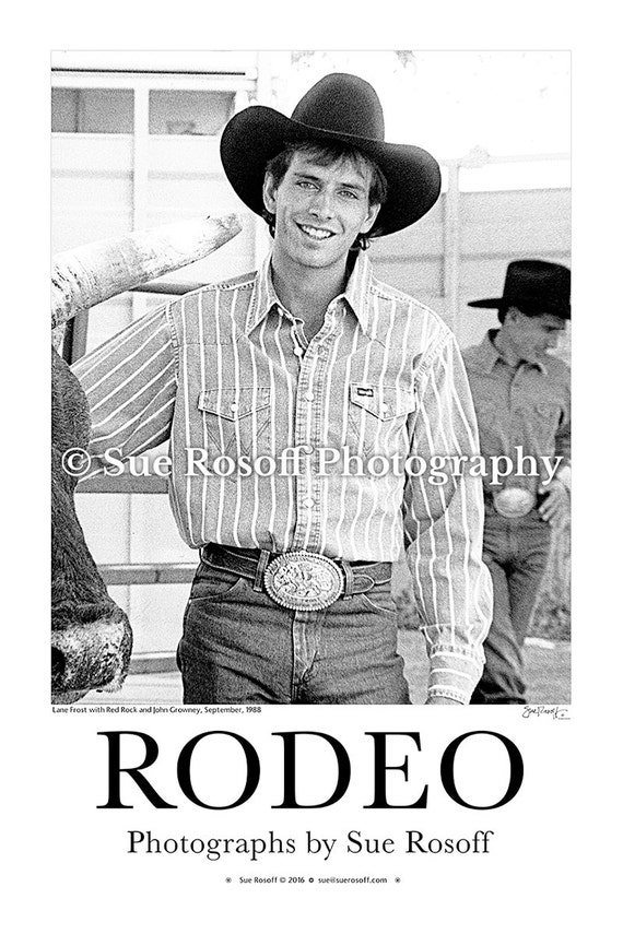 Lane Frost with Red Rock s horn and John Growney in the background Photo Poster Black and white 12x18 Office Man Cave
