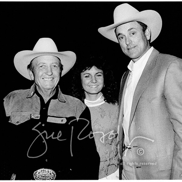 Hadley and Lee Barrett and Nolan Ryan at the National Finals Rodeo, black and white photo for office, saloon, game room, bonus room, etc.