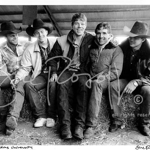 Bull Riding University, Red Bluff, 1989.. Cody Lambert, Ty Murray, Tuff Hedeman, John Growney, Jim Sharp. Black and White photograph