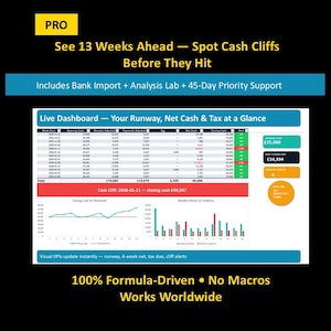 May include: A digital dashboard with financial data, including charts and tables. The image features the text "See 13 Weeks Ahead - Spot Cash Cliffs Before They Hit" and "Live Dashboard - Your Runway, Net Cash & Tax at a Glance."