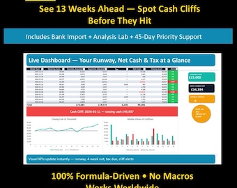 13-Week Cash Flow Forecast Template (Excel), Scenarios + Board PDF, Bank CSV Import, KPI Dashboard