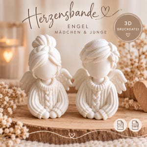 Könnte beinhalten: Zwei weiße, matte Engelfiguren, eine mit Dutt und eine mit kurzem Haar, beide tragen Zopfmuster-Pullover. Der Text lautet Herzensbande, ENGEL MÄDCHEN & JUNGE, 3D DRUCKDATEI, STL und 3MF. Es handelt sich um digitale 3D-Druckdateien.
