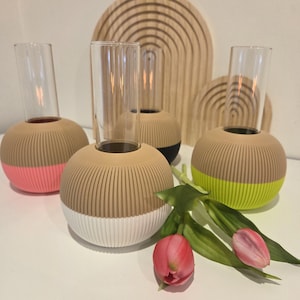 May include: A collection of modern vases with clear glass inserts. The vases have a ribbed, tan exterior with colorful bases in pink, white, black, and yellow. Two pink tulips with green stems are in the foreground, and a wooden arched wall decor is in the background.