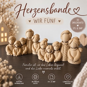 Puede incluir: Un conjunto de dos figuras familiares de color beige impresas en 3D que muestran grupos de cinco personas con suéteres texturizados. El texto dice Herzensbande WIR FÜNF, 3D DRUCKDATEI STL & 3MF, y Familie ist, wo das Leben beginnt.