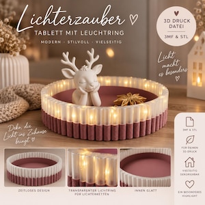 Op de afbeelding: Een ronde schaal met een gladde, mauvekleurige binnenkant en een textuurrijke mauve basis, omringd door een transparante, geribbelde lichtring met kleine warme ledlampjes. Binnenin staan een wit hertje en een steranijs afgebeeld.