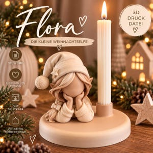 以下が含まれることがあります： 星付きの帽子をかぶったデフォルメされたフィギュアが円形の台座に乗った、ベージュ色の3Dプリント製キャンドルホルダー。隣には背の高い白いリブ付きキャンドルがある。画像には「Flora, DIE KLEINE WEIHNACHTSELFE, 3D DRUCK DATEI, STL & 3MF, LIEBEVOLLES DESIGN, GUT DRUCKBAR, VIELSEITIG DEKORIERBAR」というテキストが含まれている。