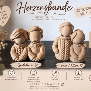 Op de afbeelding: Twee sets lichtbeige 3D-geprinte beeldjes die grootouders en een koppel of ouders voorstellen. De figuren hebben getextureerde truien en gladde, gezichtsloze hoofden. Tekst bevat: Herzensbande, 3D Druckdatei STL & 3MF, Großeltern, Paar / Eltern, Steffis 3D Welt.