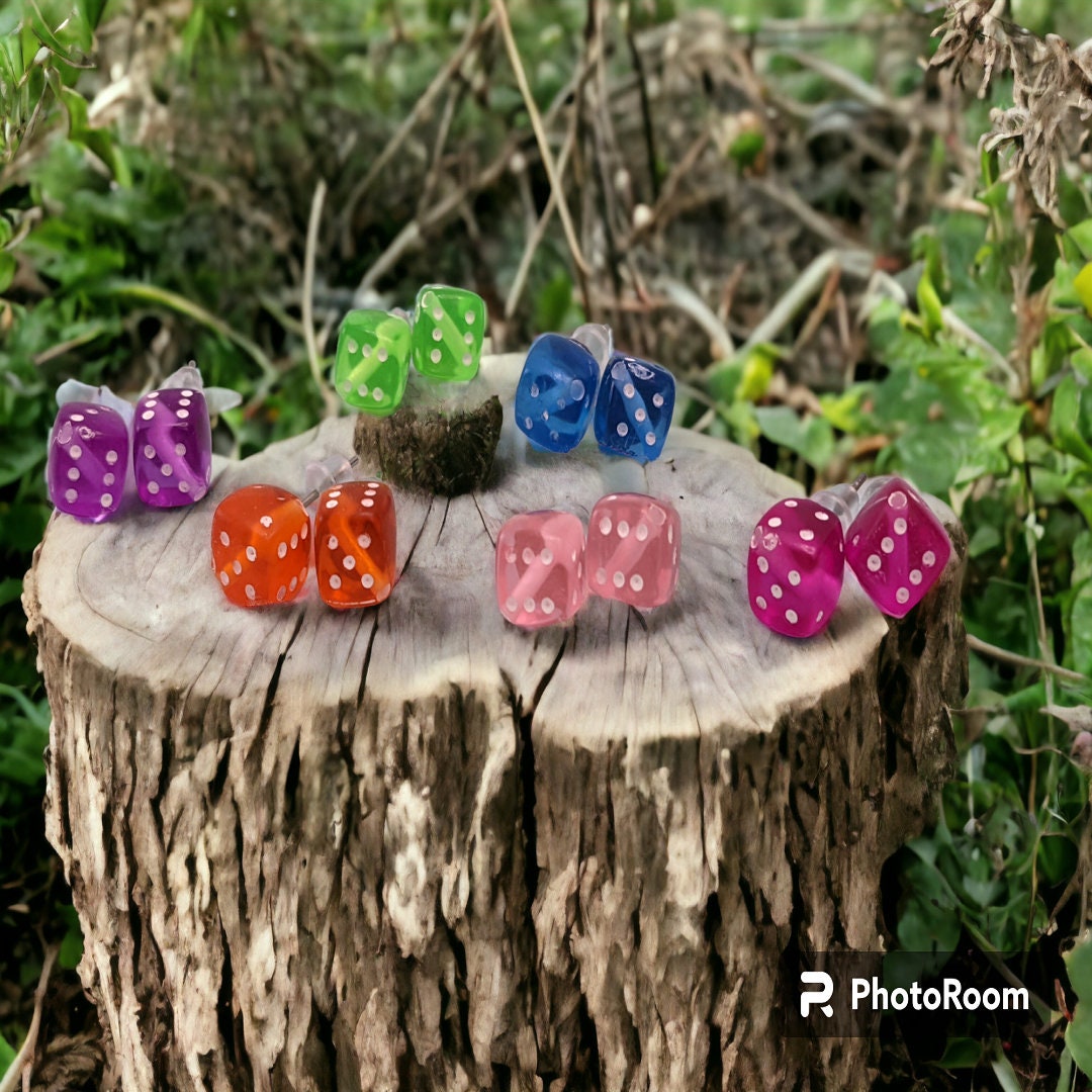 Mini Dice Stud Earrings: Colorful Plastic Dice, Silver Plated