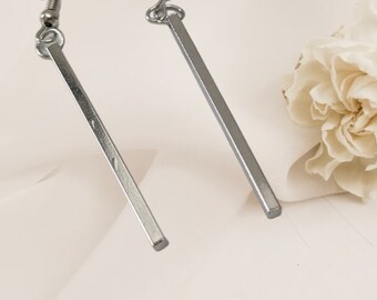 Dainty Vertical Silver Bar Earrings, 2 Inch Drops - Minimalist Jewelry