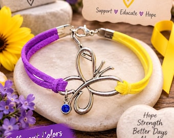 Bladder Cancer Awareness Bracelet – Purple & Yellow Faux Suede, Butterfly Charm