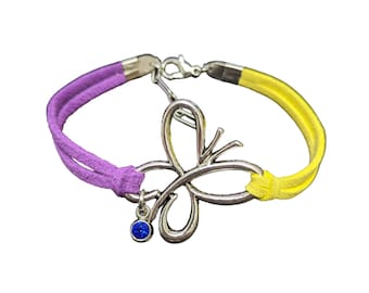 Bladder Cancer Awareness Bracelet – Purple & Yellow Faux Suede, Butterfly Charm