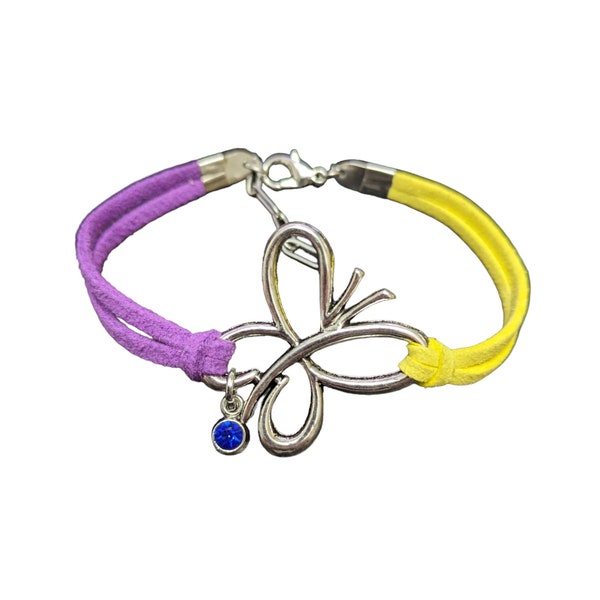 Bladder Cancer Awareness Bracelet - Purple & Yellow Butterfly Charm, with Blue Gemstone, Perfect Gift for Supporting Family and Friends