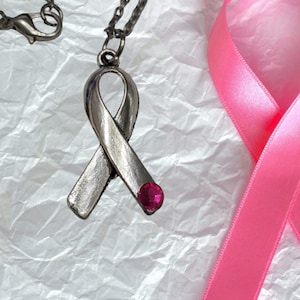 Breast Cancer Awareness Ribbon Necklace with Pink Gem Accent