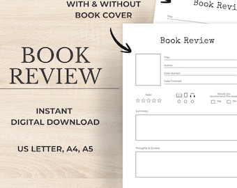 Book Review Printable Template | Reading Journal Page (With & Without Book Cover)
