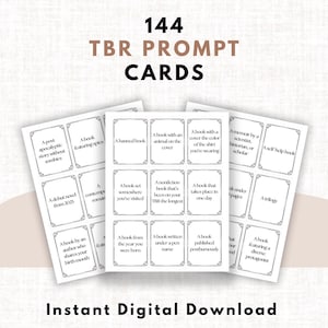 Puede incluir: Un conjunto de 144 tarjetas de indicaciones TBR, diseñadas para inspirar elecciones de lectura. Cada tarjeta presenta una indicación única. Las tarjetas son blancas con texto negro y bordes decorativos. Las palabras "Instant Digital Download" están en la parte inferior.