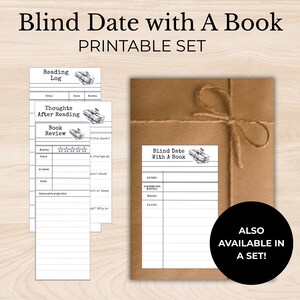 以下が含まれることがあります： 「Blind Date with A Book」と「Printable Set」のテキストが入った印刷可能なセット。画像には、ひもで結ばれた茶色の紙のパッケージと、読書記録のテンプレートが含まれています。「Also Available in a Set!」のテキストも表示されています。