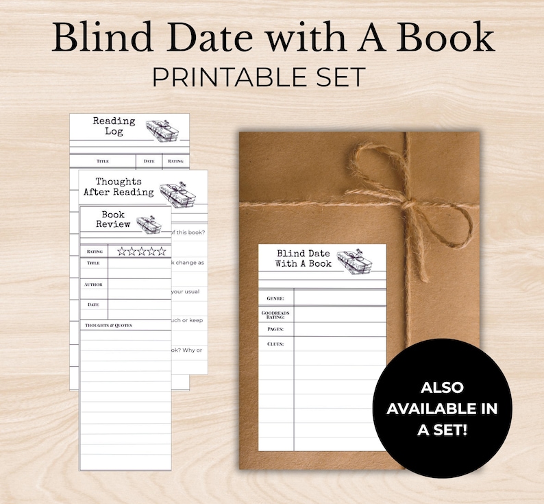 以下が含まれることがあります： 「Blind Date with A Book」と「Printable Set」のテキストが入った印刷可能なセット。画像には、ひもで結ばれた茶色の紙のパッケージと、読書記録のテンプレートが含まれています。「Also Available in a Set!」のテキストも表示されています。