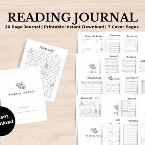 May include: A white reading journal with the title "Reading Journal" and the words "Belongs to" below. The journal is accompanied by pages with reading-related templates and the text "Instant Download". The image includes a bookshelf illustration.