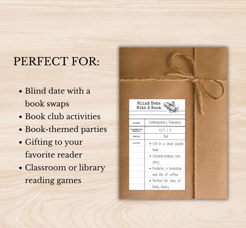 以下が含まれることがあります： 茶色の紙で包まれ、ひもで結ばれた本。ラベルには「Blind Date With A Book」と書かれています。ラベルには、ジャンルはコンテンポラリーロマンス、Goodreads評価427/5、368ページと記載されています。テキストには、海辺の町とセカンドチャンスのラブストーリーも記載されています。