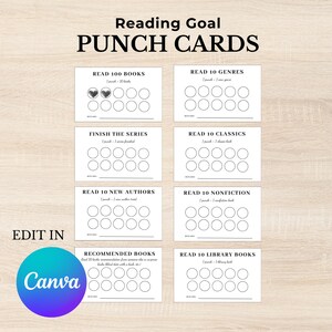 May include: A set of white punch cards with black text, designed for tracking reading goals. Each card has a different reading challenge, such as reading 100 books or finishing a series. The cards include circles for marking progress and the text "Reading Goal PUNCH CARDS".