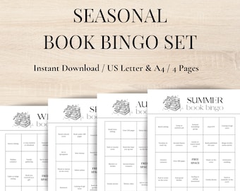 Seasonal Book Bingo Printable | Spring Summer Fall Winter Reading Challenge | Book Club Activity