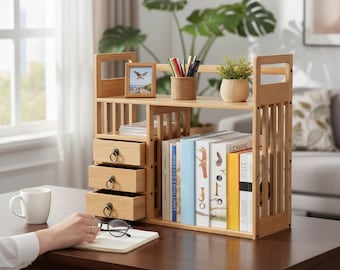 Wooden Desktop Organizer | Office Book Shelf with Drawers | Rectangular Natural Storage Rack