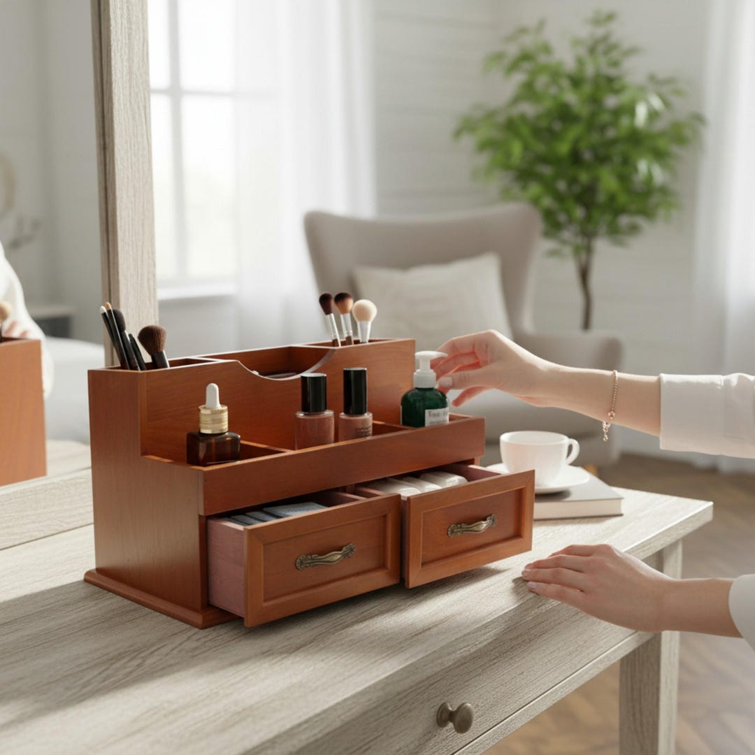 Pine Wood Desktop Organizer | Brown Storage Cabinet With 12 ...
